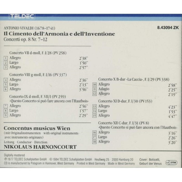 Il cimento dell'armonia e dell'inventione: Concerti, Op. 8, No. 7-12 (Concentus Musicus Wien, feat. conductor: Nikolaus Harnoncourt)
